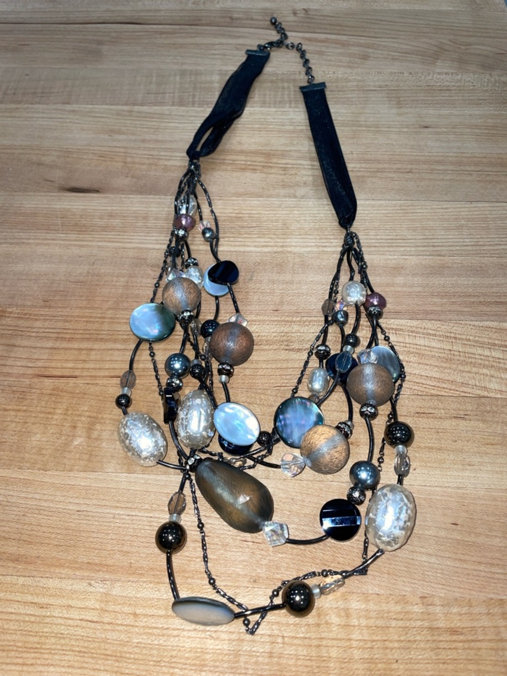 Chicos Multi- Strand Mixed Bead Statement Necklace - Brown, Black, cream